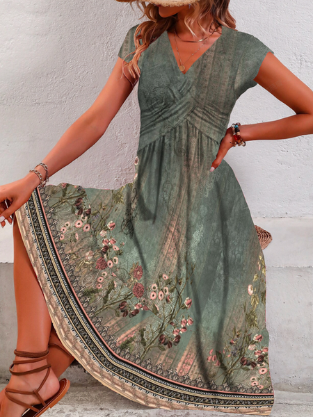 

Women Nationality/ethnic V Neck Short Sleeve Comfy Casual Maxi Dress, Green, Midi