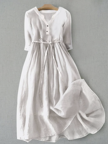 

Cotton Loose Plain Casual Linen Style Dress With Belt, White, Maxi Dresses