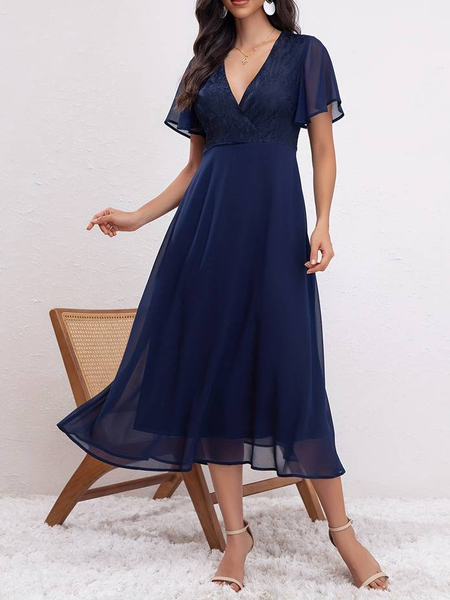 

Plain Elegant Cross Neck Chiffon Dress, Dark blue, Dresses