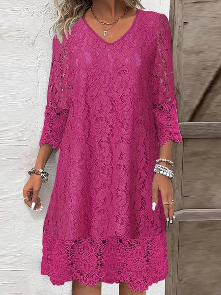 

V Neck Elegant Lace Dress, Rose red, Dresses