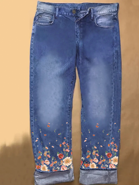 

Women's flower Print Casual Denim Jeans, Blue, Jeans