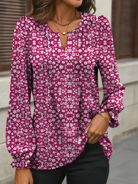 

Notched Long Sleeve Floral Regular Loose Blouse For Women, Rose red, Blouses