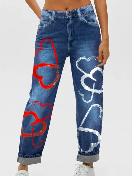 

Womens Valentine's Day Cordate Casual Printed Jeans, Blue, Jeans