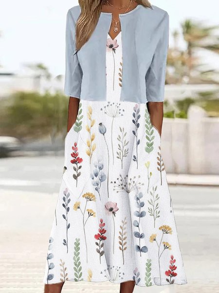 

Women Floral Half Sleeve Comfy Casual Coat With Skirt Two-Piece Set, Blue, Sets