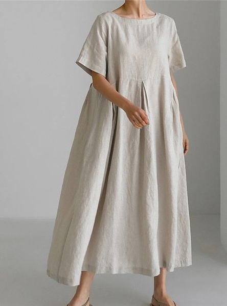 

Cotton Loose Linen Style Dress With No, Apricot, Maxi Dresses