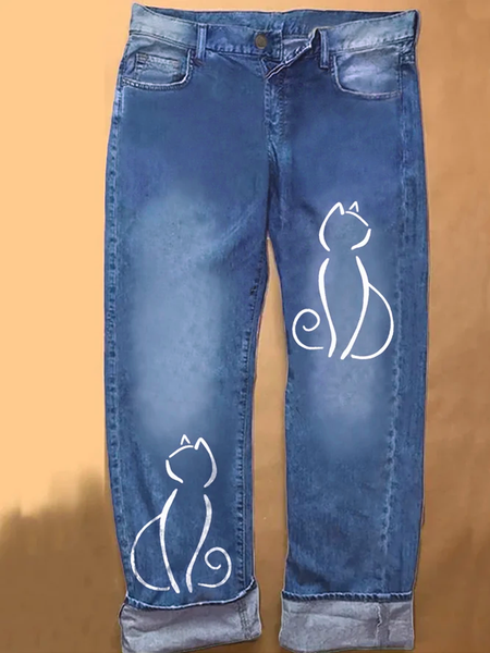 

Funny Cat Denim Printed Jeans, Blue, Jeans