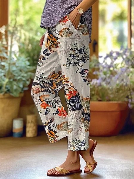 

Loose Casual Lace Edge Floral Pants, Khaki, Pants