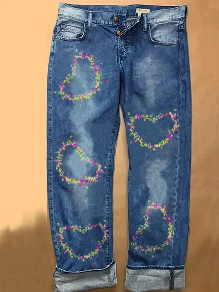 

Womens Valentine's Day Butterfly Casual Printed Jeans, Blue, Jeans