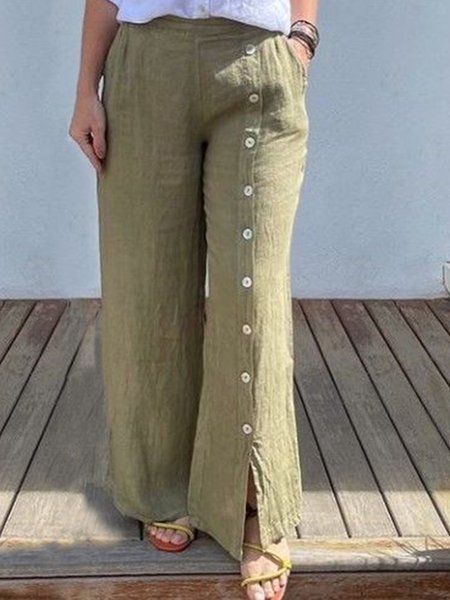

Buttoned Cotton Casual Pants, Green, Pants