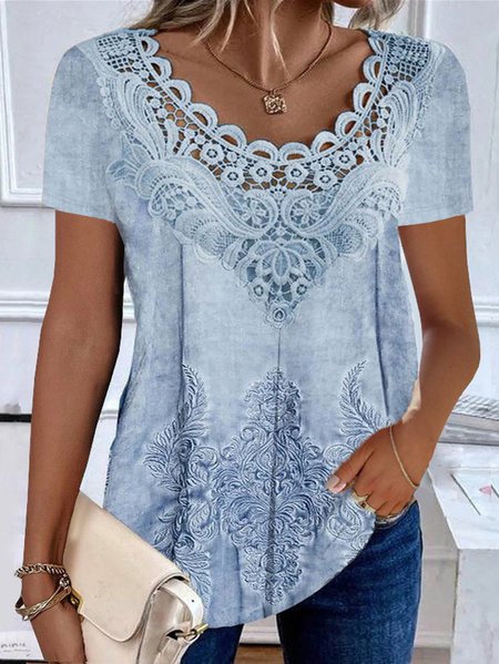 

Plus Size Casual Lace Crew Neck Nationality/Ethnic Shirt, Blue, Shirts & Blouses