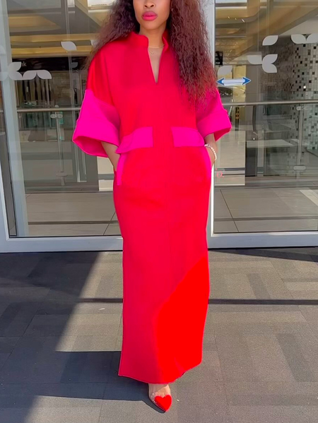 

Plus Size Elegant Stand Collar Color Block Loose Maxi Dress, Red, Plus Dresses