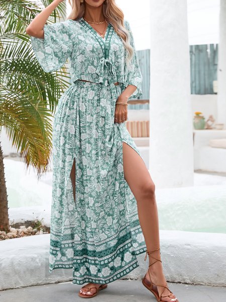 

Women Floral V Neck Three Quarter Sleeve Comfy Casual Top With Skirt Two-Piece Set, Cyan, Sets