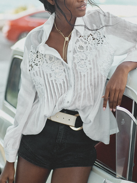 

Shirt Collar Long Sleeve Lace Regular Loose Shirt For Women, White, Shirts