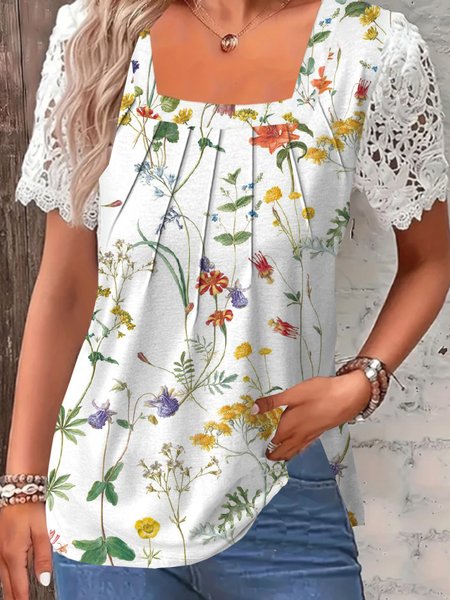 

Square Neck Short Sleeve Floral Lace Regular Loose Shirt For Women, White, Blouses