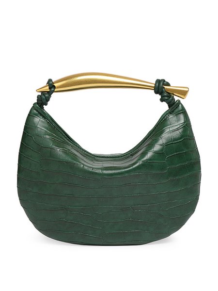 

Metal Handle Embossed Handbag with Crossbody Strap, Green, Bags