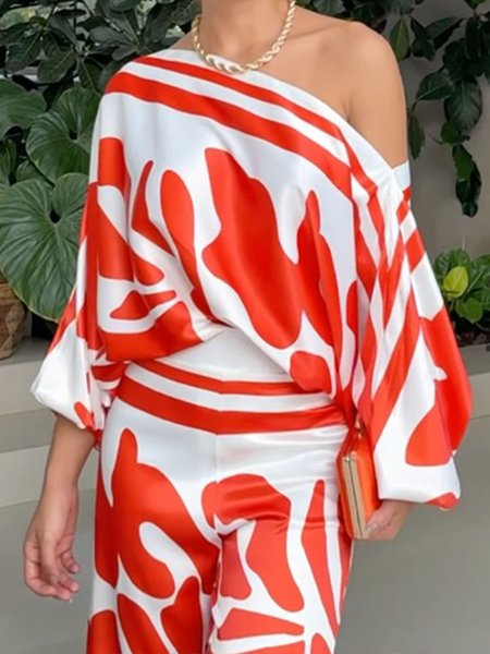 

Cold Shoulder Urban Abstract Loose Shirt, Red, Blouses and Shirts