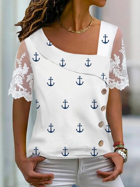 

Casual Anchor Shawl Collar Short Sleeve T-shirt, Blue, T-shirts