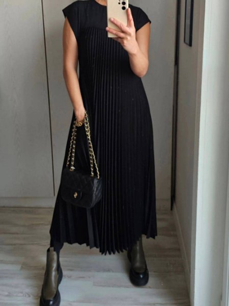 

Women Plain Crew Neck Sleeveless Comfy Casual Maxi Dress, Black, Midi