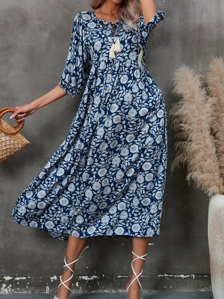

Women Floral V Neck Short Sleeve Comfy Casual Maxi Dress, Navyblue, Midi