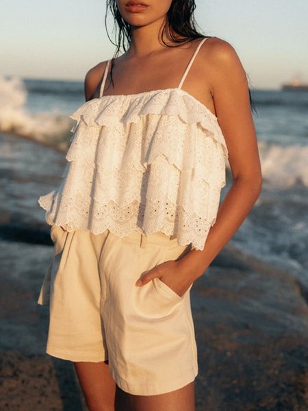 

Casual Spaghetti Plain Tank Top, White, Tanks & Camis