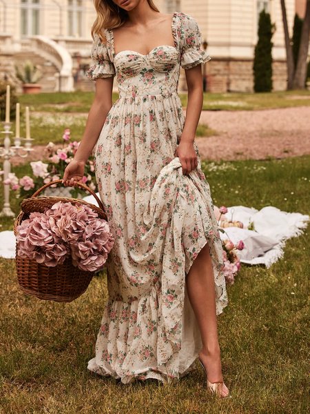 

Women Floral Square Neck Short Sleeve Comfy Simple Maxi Dress, Beige, Maxi