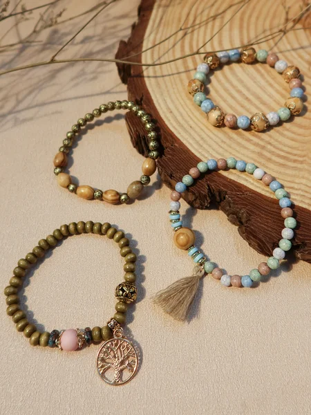 

Hemia style multi-layered wooden beaded bracelet, White, Bracelets & Anklets