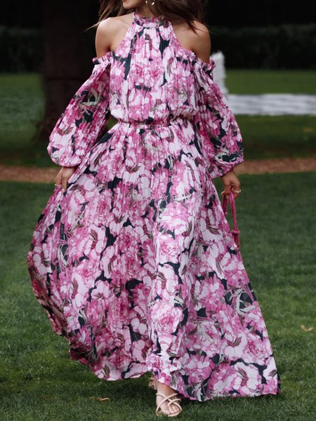 

Women Floral Halter Half Sleeve Comfy Simple Maxi Dress, Pink, Maxi