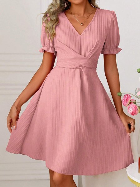 

Women Plain V Neck Short Sleeve Comfy Casual Short Dress, Pink, Dresses