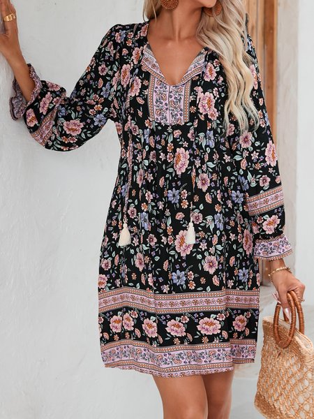 Women Floral V Neck Long Sleeve Comfy Casual Short Dress, As picture, Short