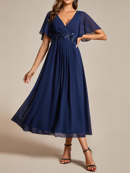 

Loose Elegant Cross Neck Plain Chiffon Dress, Dark blue, Dresses