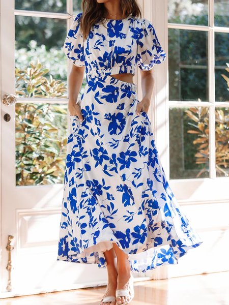 

Women Floral Crew Neck Short Sleeve Comfy Vacation Maxi Dress, Blue, Maxi