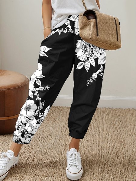 

Casual Floral Pants, Black, Pants