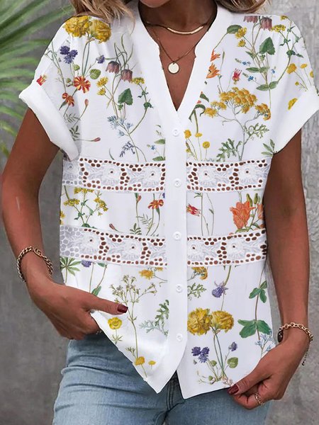 

V Neck Short Sleeve Floral Regular Loose Blouse For Women, White, Shirts