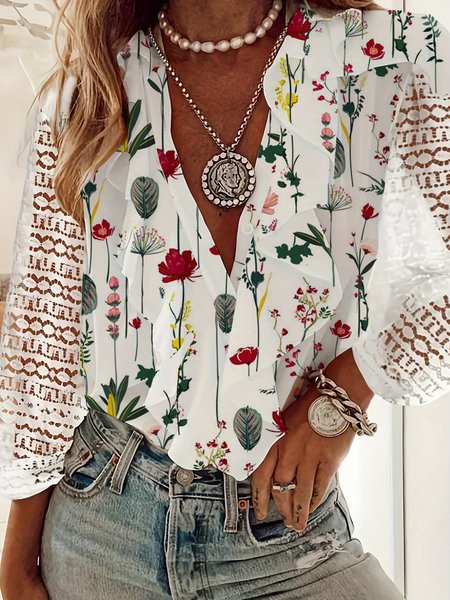 

V Neck Long Sleeve Floral Lace Regular Loose Blouse For Women, Green, Shirts