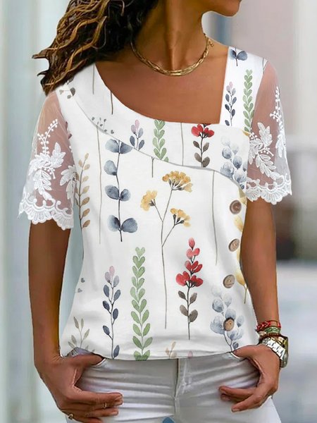 

Casual Floral Shawl Collar Short Sleeve T-shirt, White, T-shirts