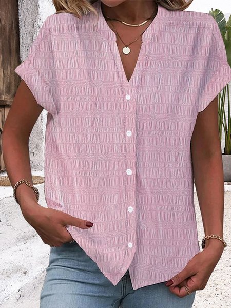 

V Neck Short Sleeve Floral Regular Loose Blouse For Women, Pink, Shirts