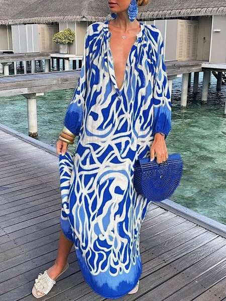 

Vacation Abstract Loose V Neck Dress, Blue, Maxi Dresses