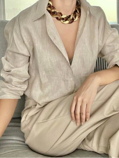 

Simple Shirt Collar Loose Linen Style Blouse, Apricot, Blouses & Shirts