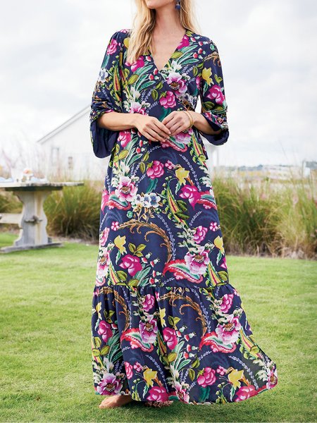 

Women Floral V Neck Three Quarter Sleeve Comfy Vacation Maxi Dress, Purplish blue, Maxi