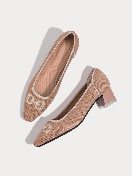 

Embroidery Breathable Mesh Fabric Arch Support Insole Block Heel Shallow Pumps, Pink, Heels