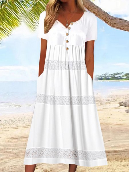 

Women Plain Half Open Collar Short Sleeve Comfy Casual Lace Maxi Dress, White, Midi