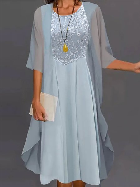 

Women's Lace Plain Party Going Out Two Piece Set Three Quarter Sleeve Elegant Spring/Fall Coat With Skirt Matching Set, Light blue, Dresses