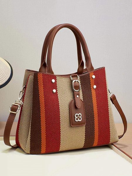 

Casual Color-block Striped Tote Bag Large Capacity Crossbody Bag, Deep red, Bags