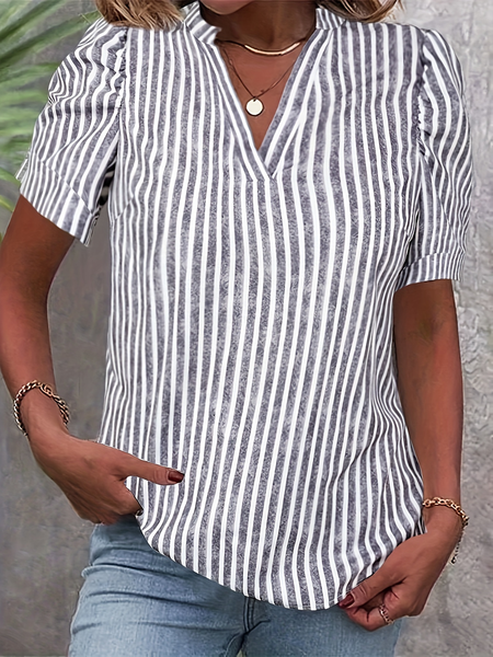 

V Neck Short Sleeve Striped Regular Loose Shirt For Women, Gray, Blouses