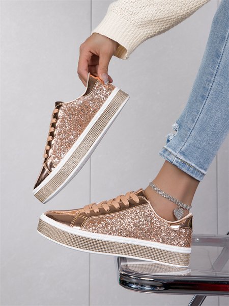 

Fashion Glitter Rhinestone Lace-Up Skate Shoes, Golden, Canvas Shoes