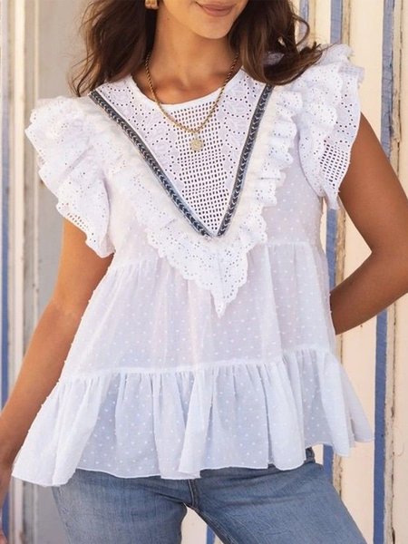 

Crew Neck Short Sleeve Lace Regular Loose Shirt For Women, White, Blouses