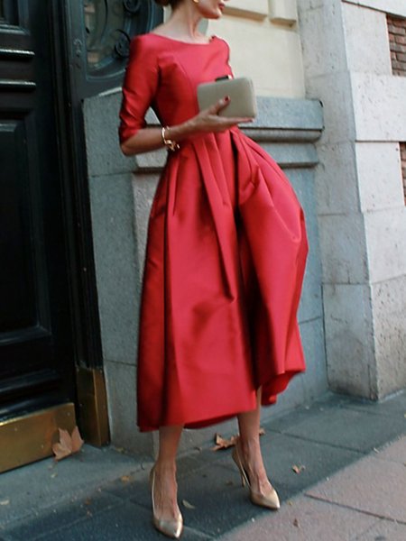 

Elegant Satin Crew Neck Dress, Red, Midi Dresses