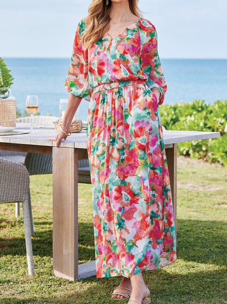 

Women Floral V Neck Half Sleeve Comfy Vacation Maxi Dress, Multicolor, Maxi