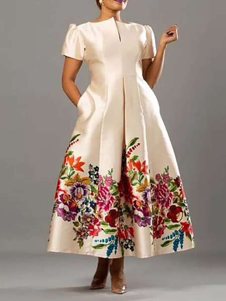 

Plus Size Notched Regular Fit Elegant Floral Midi Dress, As picture, Plus Dresses