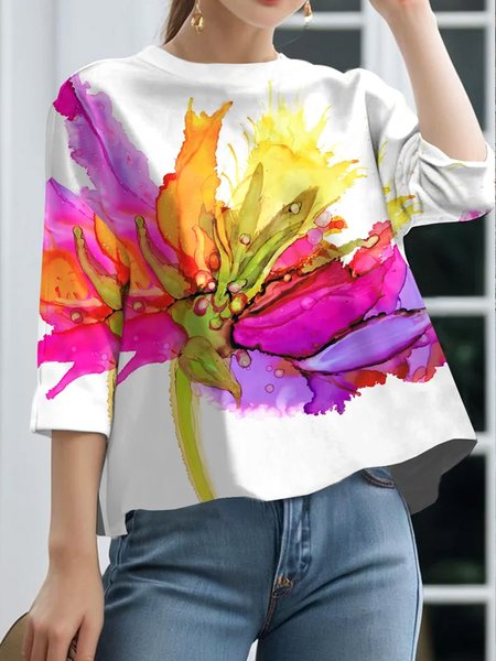 

Plus size Floral Crew Neck Casual Shirt, As picture, Plus Tops